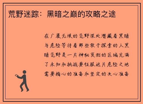 荒野迷踪：黑暗之巅的攻略之途
