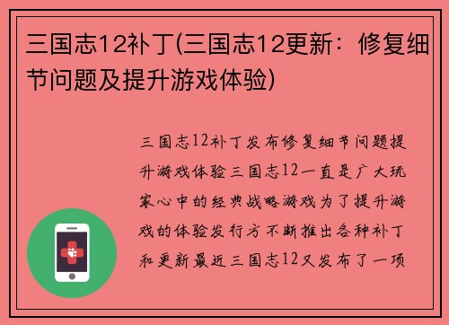 三国志12补丁(三国志12更新：修复细节问题及提升游戏体验)